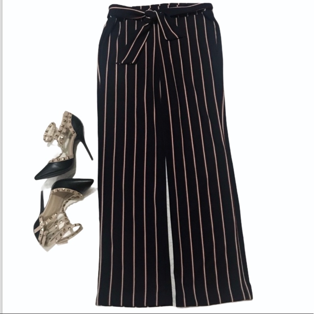 NAVY STRIPE WIDE LEG PULL-ON PANT WITH TIE